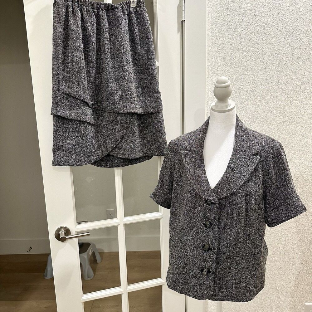 Roaman's 2 Piece Skirt Set 16W Gray Tweed Faux Layered Skirt Lined Short Slv